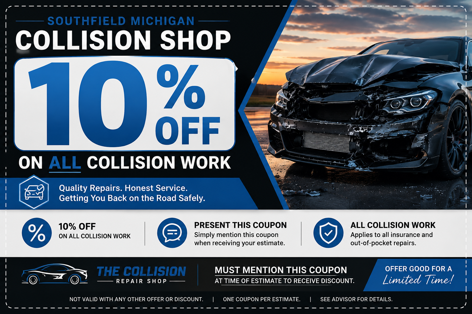 Southfield Michigan collision repair coupon offering 10 percent off collision work