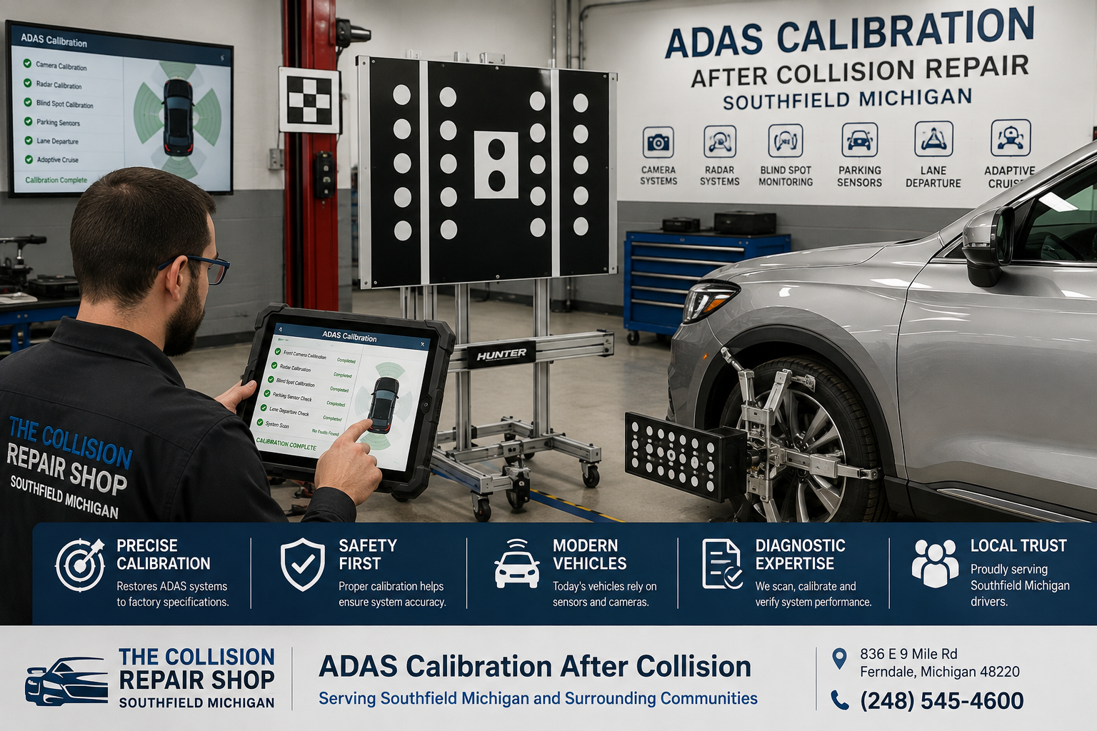 ADAS calibration equipment and diagnostic scanning after collision repair near Southfield Michigan