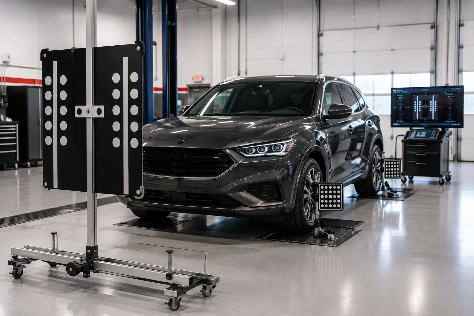 Detroit ADAS Calibration Facility | Camera & Radar Calibration Modern ADAS calibration bay in Detroit with calibration targets, radar equipment, diagnostic scan tools, and a vehicle prepared for camera and radar calibration after collision repair.