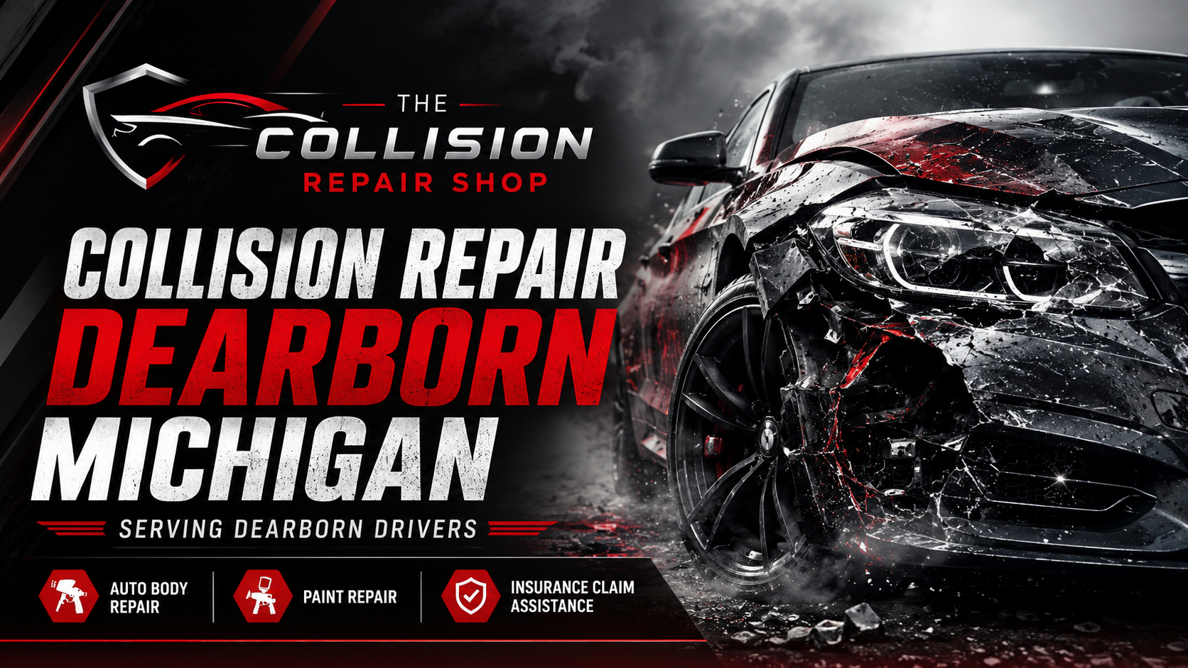 Collision repair Dearborn Michigan featuring damaged vehicle, auto body repair, paint repair and insurance claim assistance