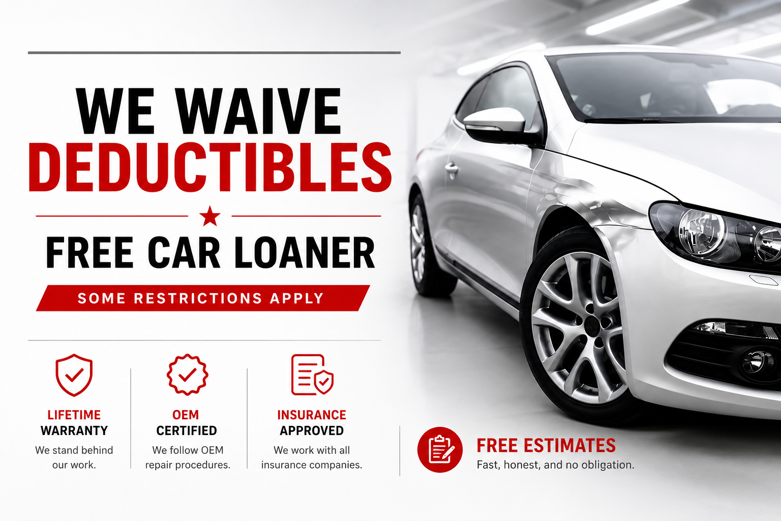 Detroit collision repair shop offering free estimates, OEM certified repairs, lifetime warranty, and free loaner vehicles