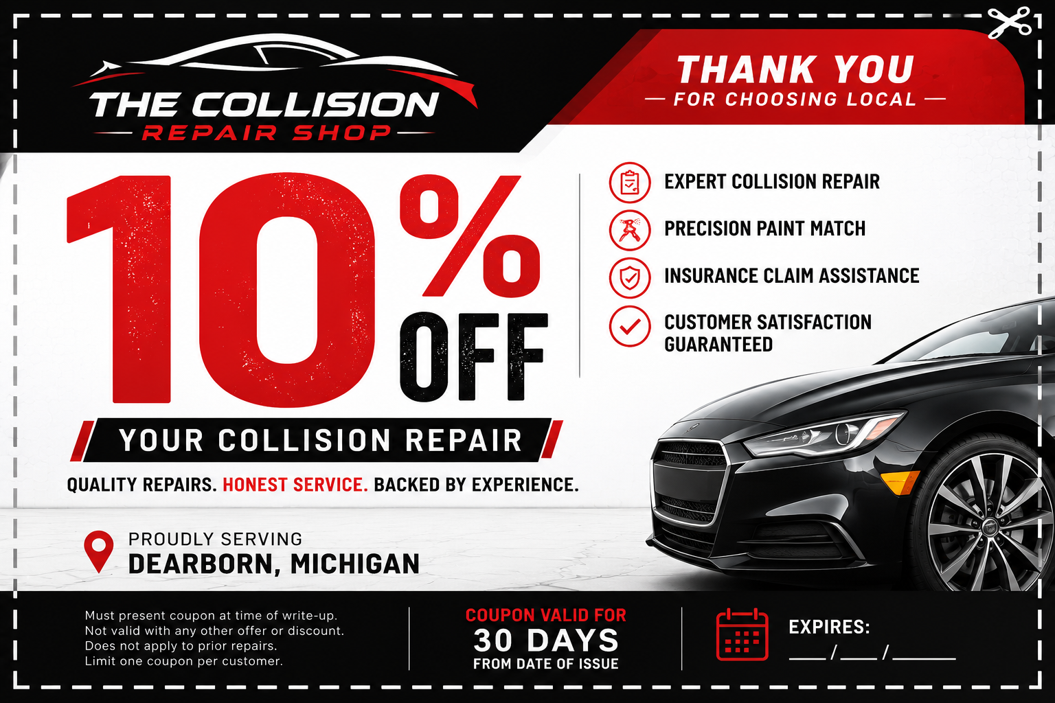 10 percent off collision repair coupon for The Collision Repair Shop serving Dearborn Michigan