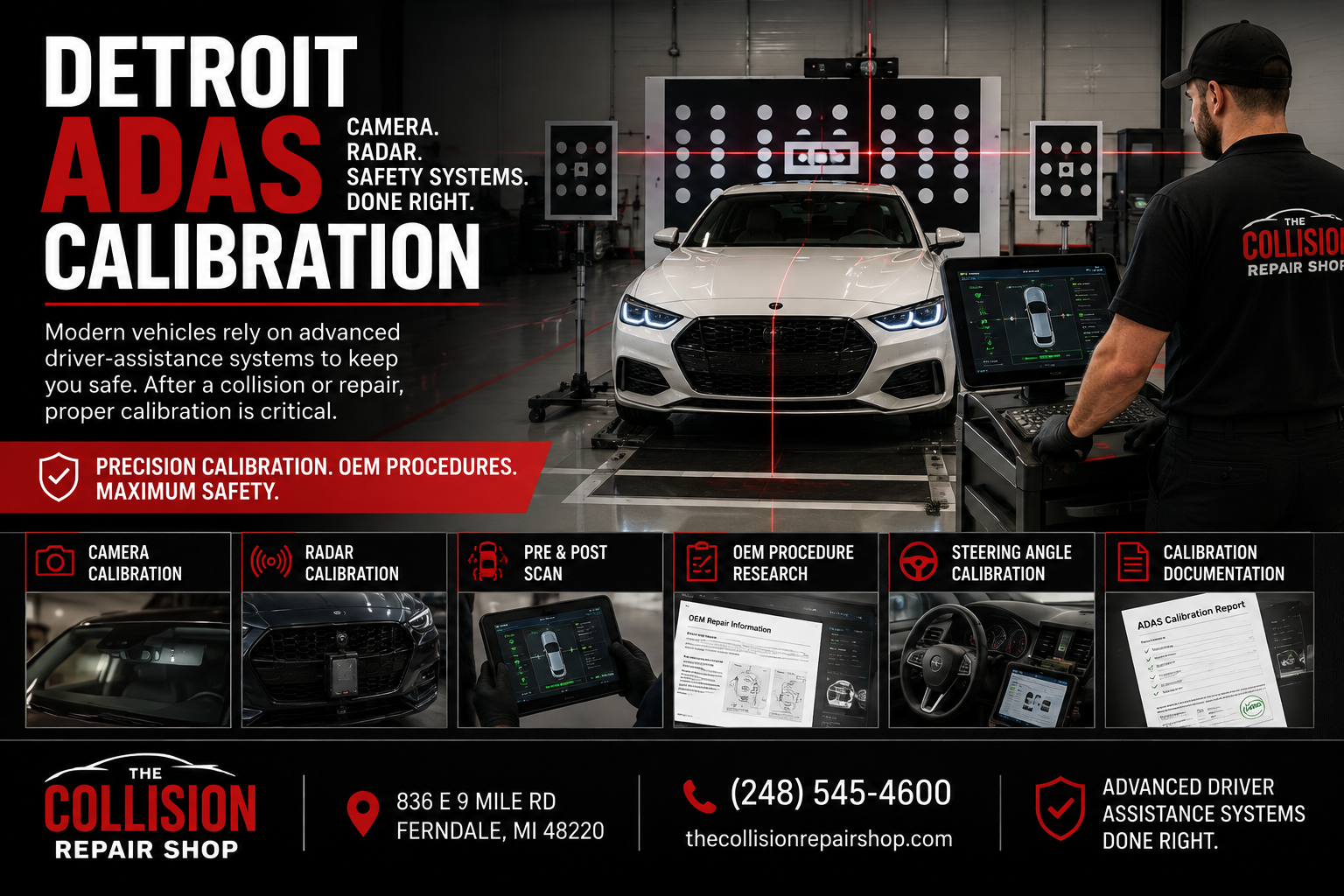 Detroit ADAS Calibration | Camera, Radar & Safety System Calibration Detroit ADAS calibration showing a technician performing camera calibration, radar calibration, and advanced driver assistance system calibration on a modern vehicle using OEM calibration equipment after collision repair.
