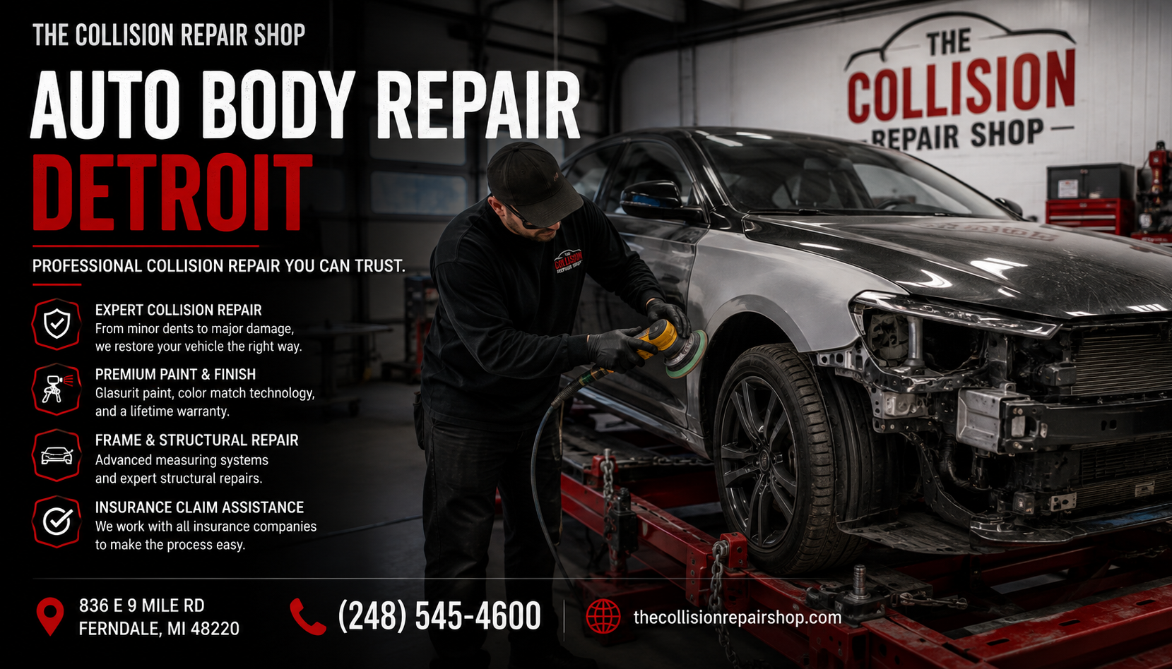 Detroit Auto Body Repair Technician performing professional auto body repair on a damaged vehicle at a Detroit collision repair shop using advanced repair equipment and OEM repair procedures.