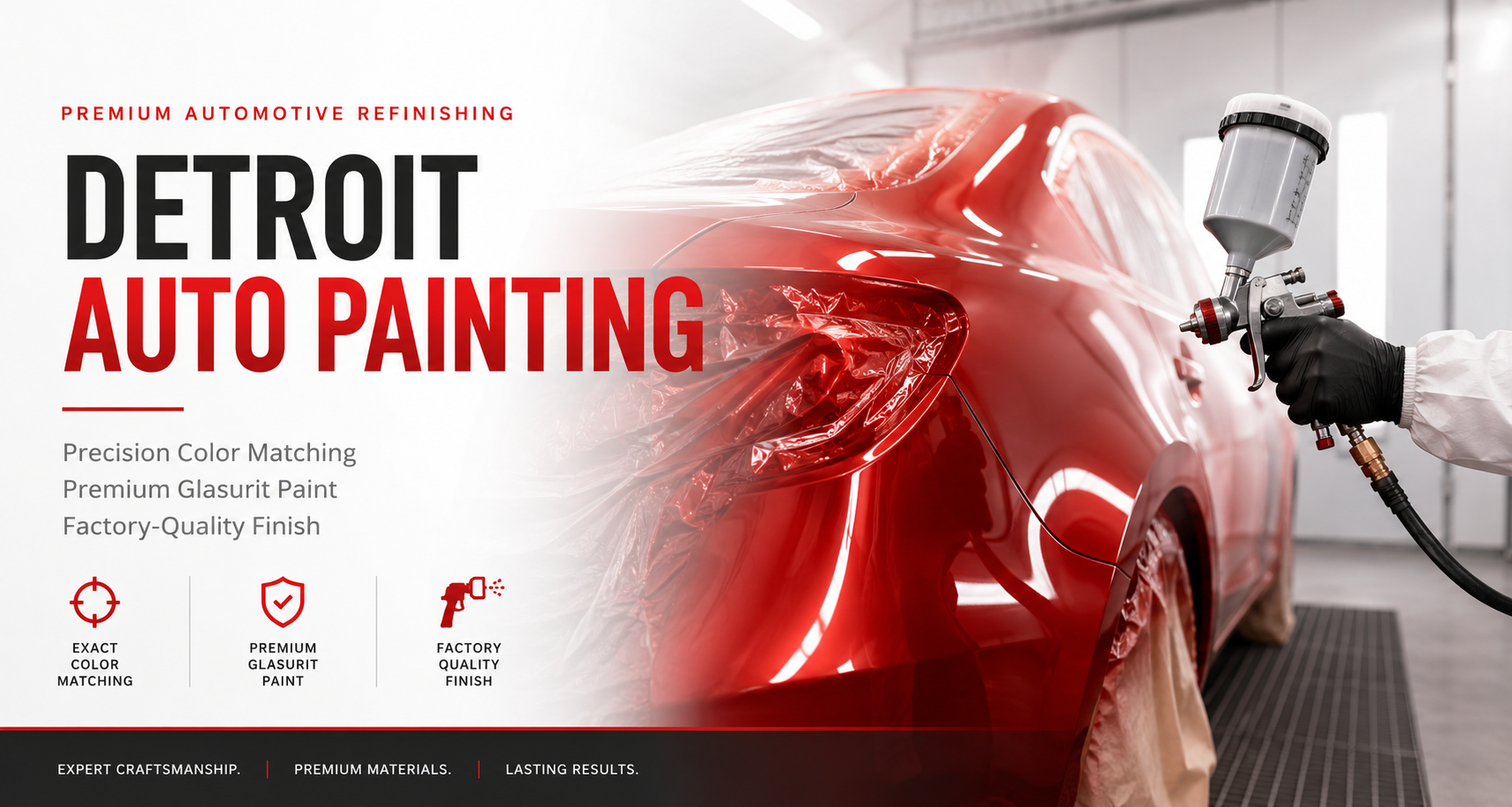 Detroit Auto Painting Professional Detroit auto painting showing a technician refinishing a red vehicle in a modern paint booth using premium automotive paint and precision color matching techniques.
