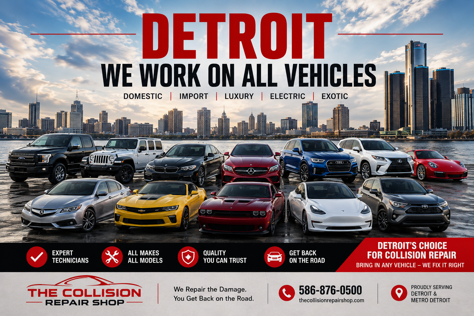 Detroit Collision Repair All Vehicle Makes Detroit skyline with luxury, domestic, import, SUV, truck, and sports vehicles representing collision repair services for all makes and models