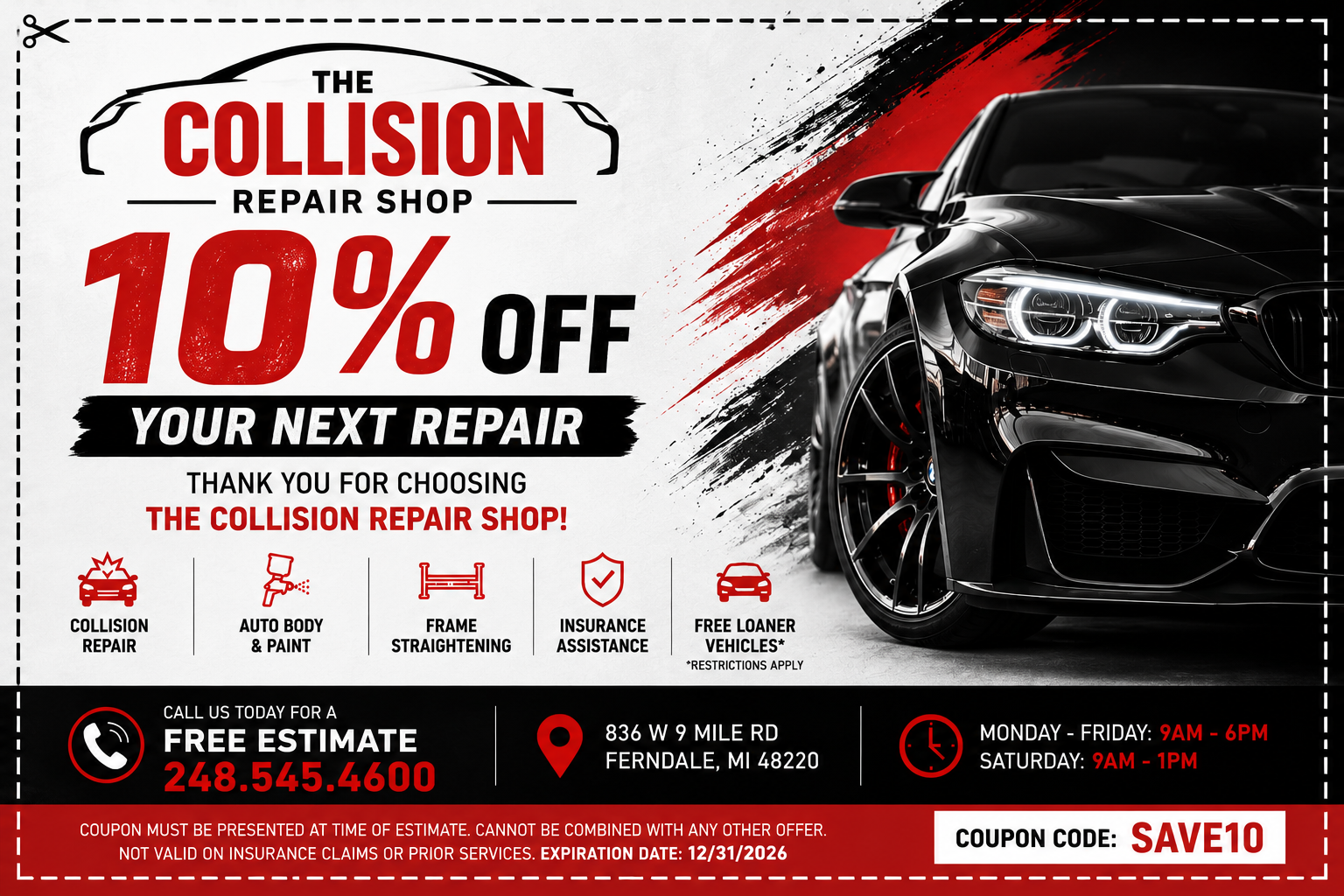 10 percent off Detroit collision repair coupon from The Collision Repair Shop