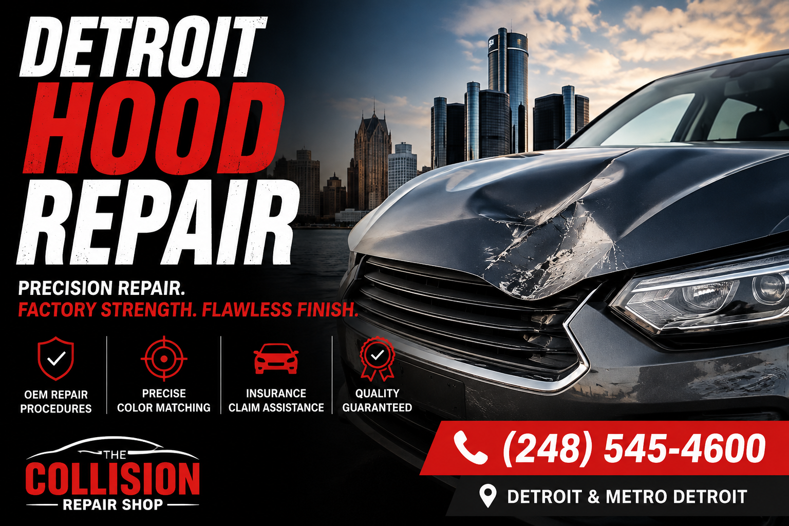 Detroit hood repair for a collision-damaged vehicle at The Collision Repair Shop