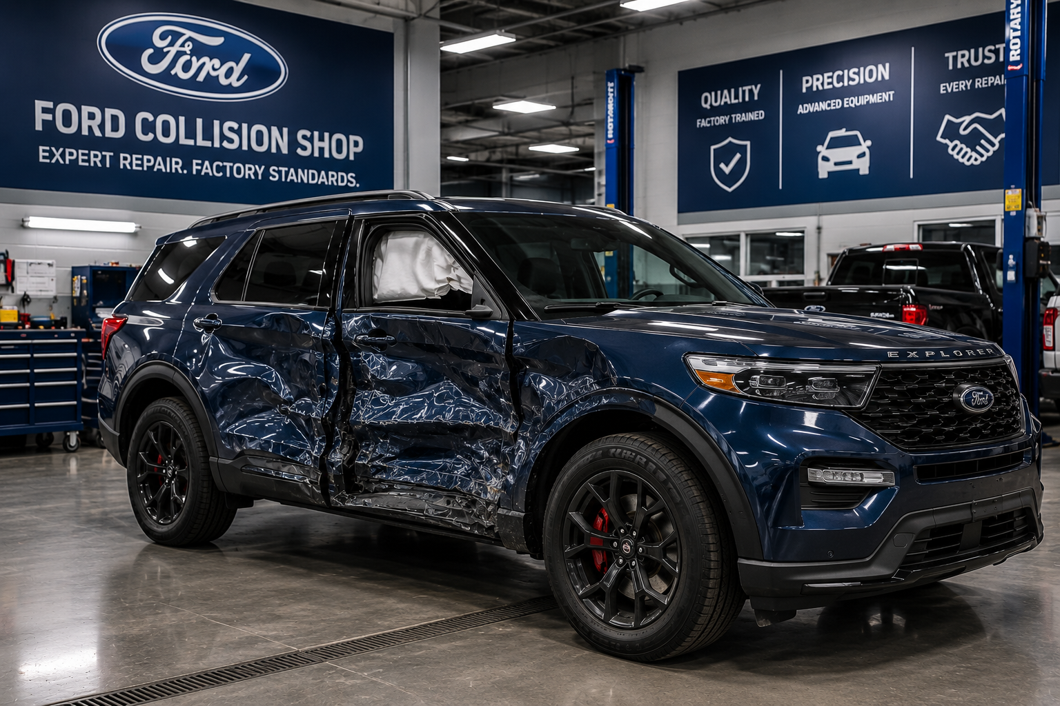 Ford Explorer with side impact collision damage at a Ford collision shop in Michigan