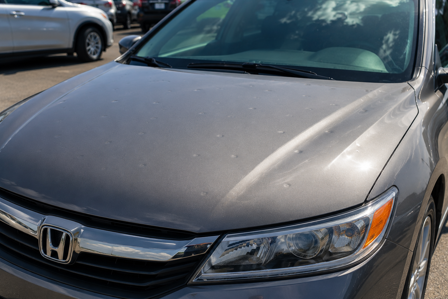 Hail damage on vehicle hood in Detroit Michigan