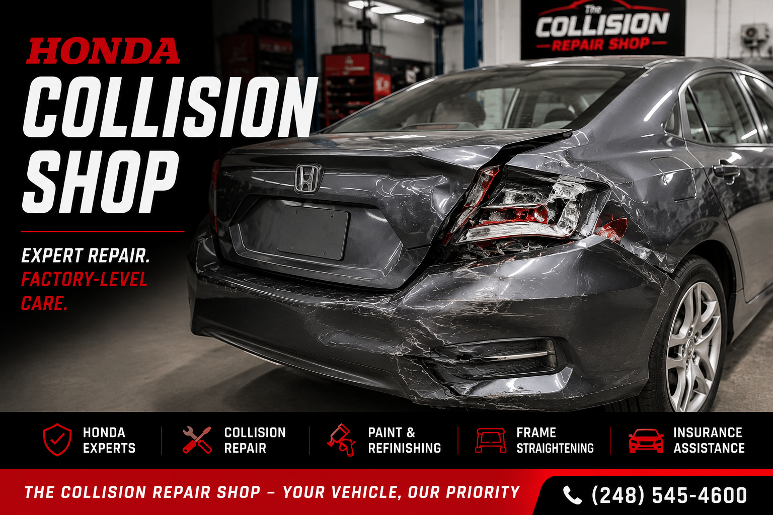 Honda Collision Shop Michigan rear collision damaged Honda vehicle