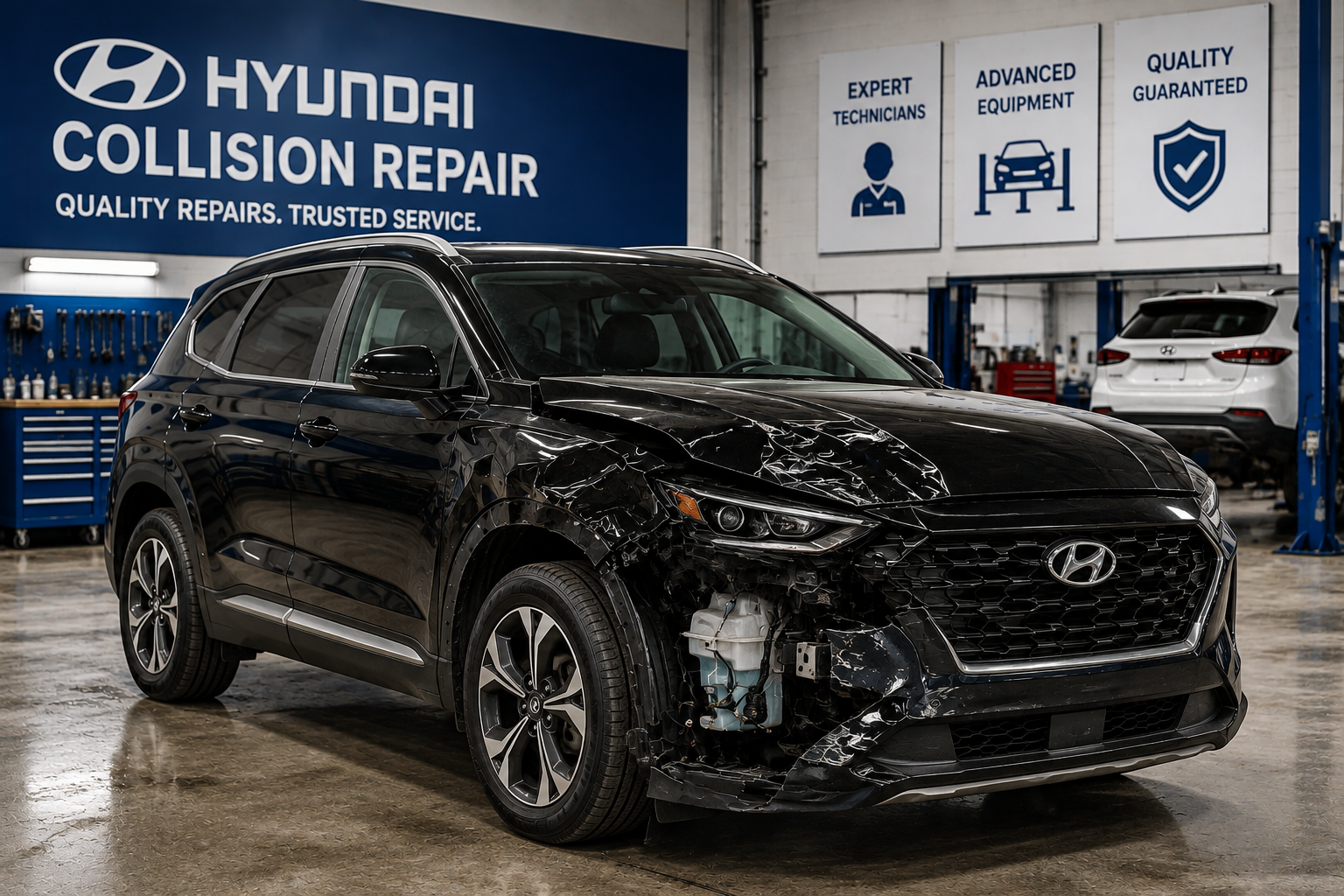 Hyundai SUV with severe front end collision damage