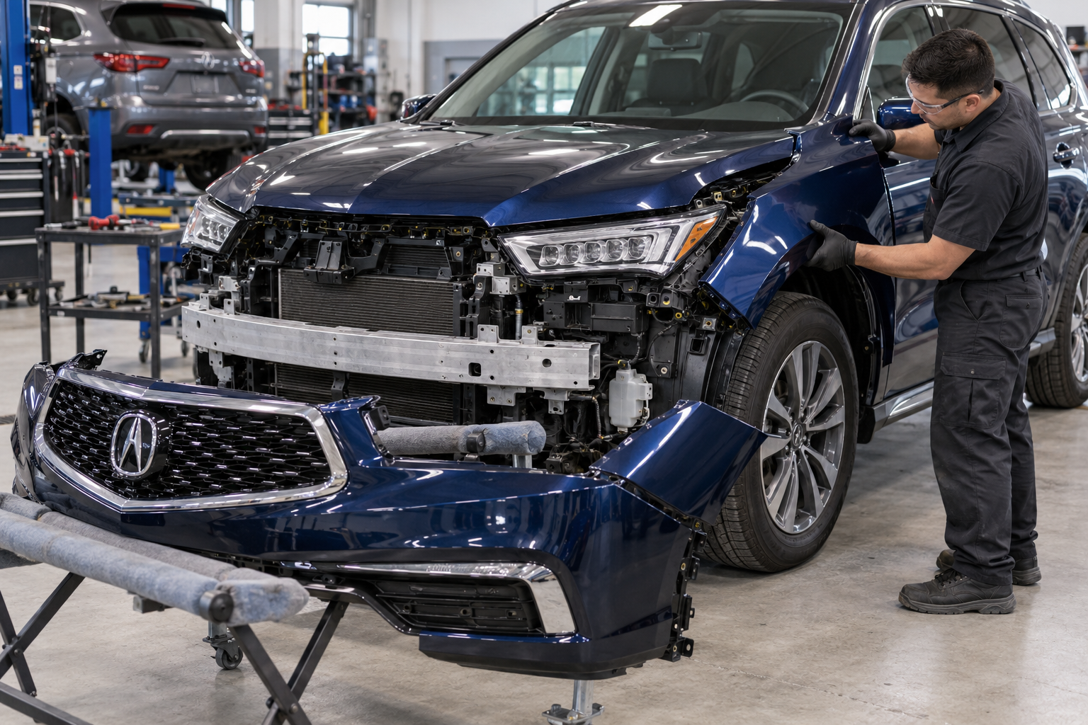 Acura MDX front-end repair with bumper removed and technician fitting a fender