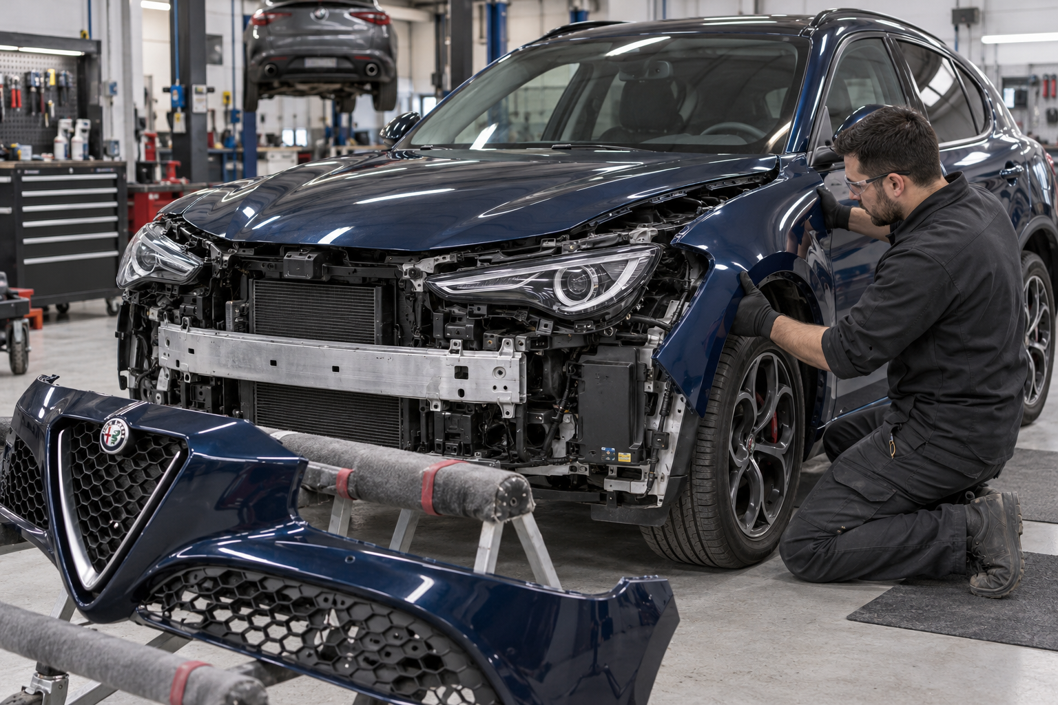 Alfa Romeo Stelvio front-end collision repair in progress