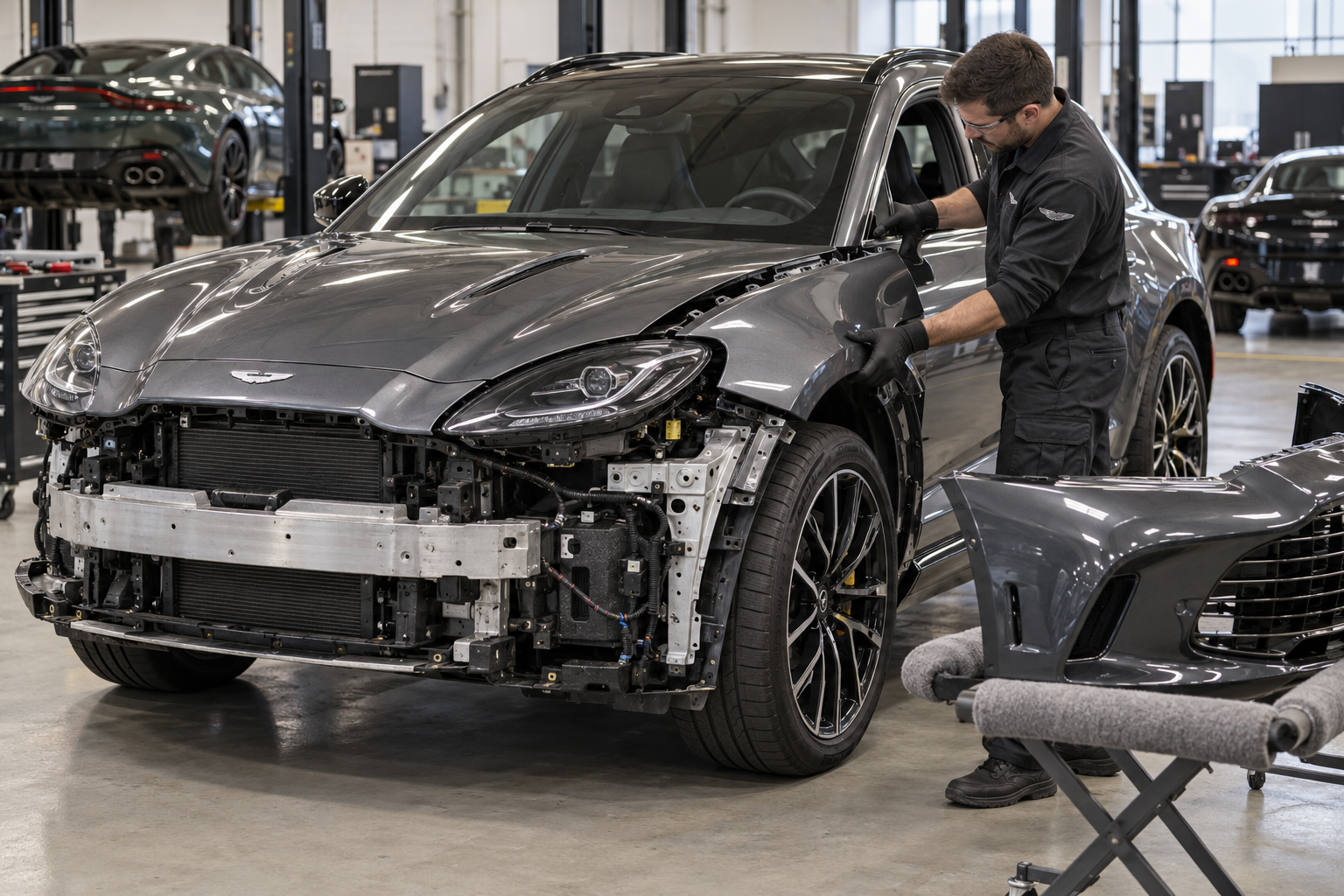 Aston Martin DBX front-end collision repair in progress