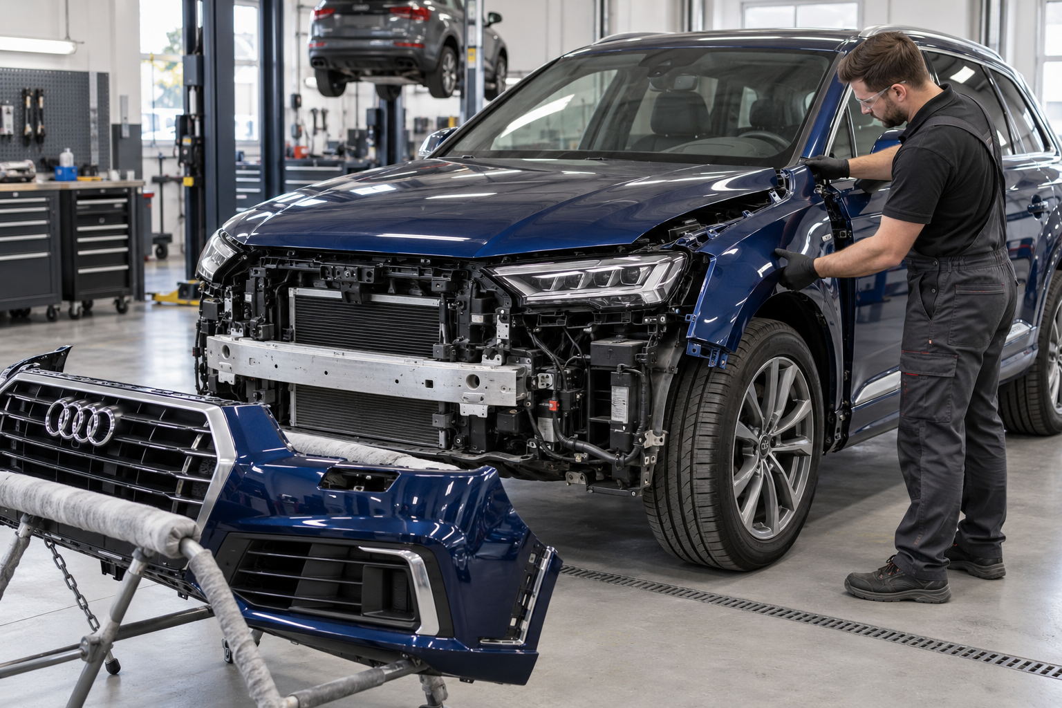 Audi Q7 front-end repair with bumper removed and fender work underway