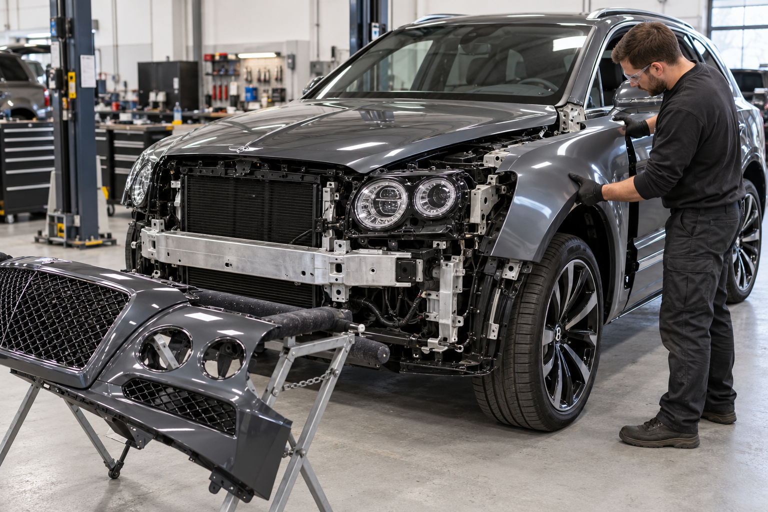 Bentley Bentayga front-end collision repair in progress
