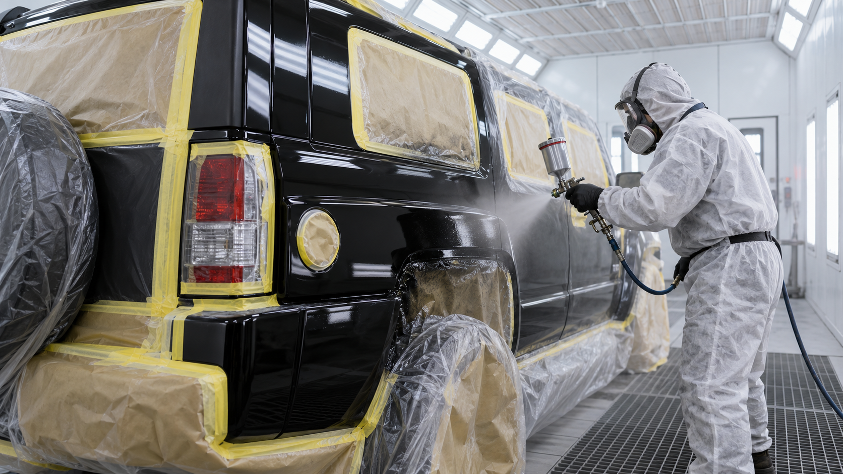 Illustrative black Hummer H3 rear quarter panel refinishing in a spray booth