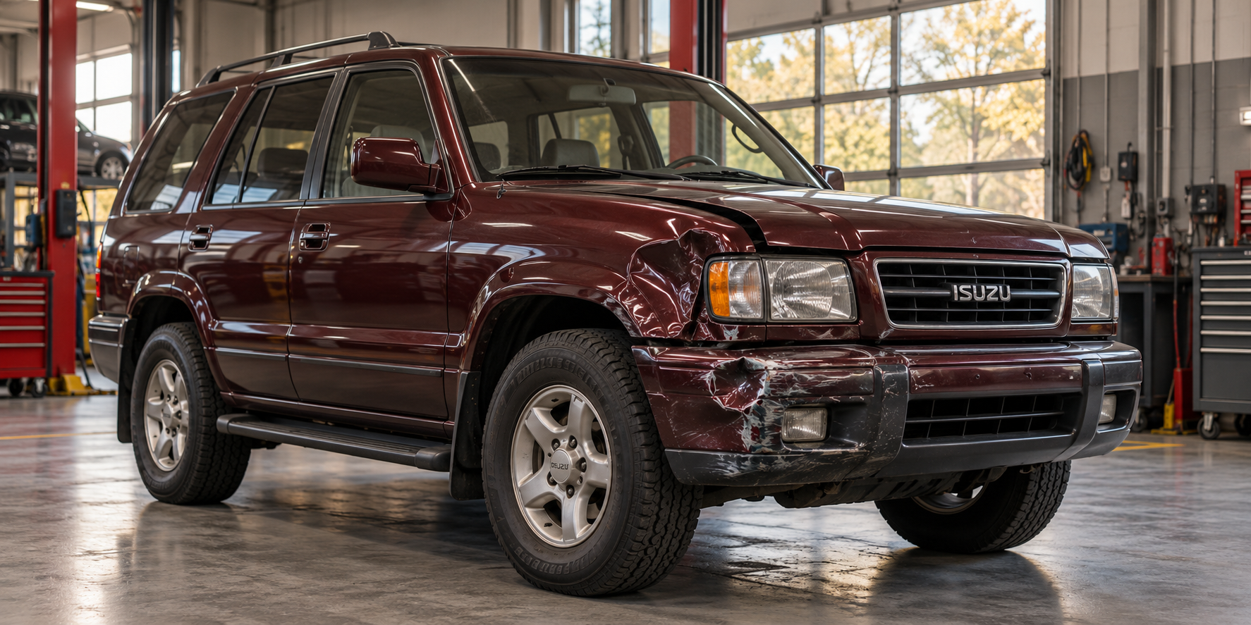 Burgundy Isuzu Trooper with front bumper and fender damage