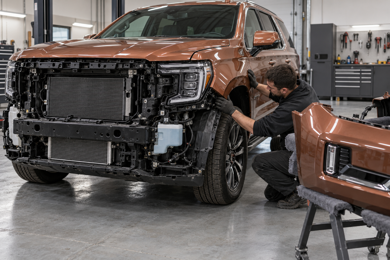 Promotional illustration of copper GMC Yukon front-end repair