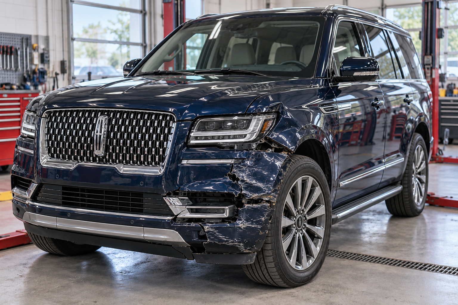 Dark blue Lincoln Navigator with front bumper and fender collision damage inside a repair workshop