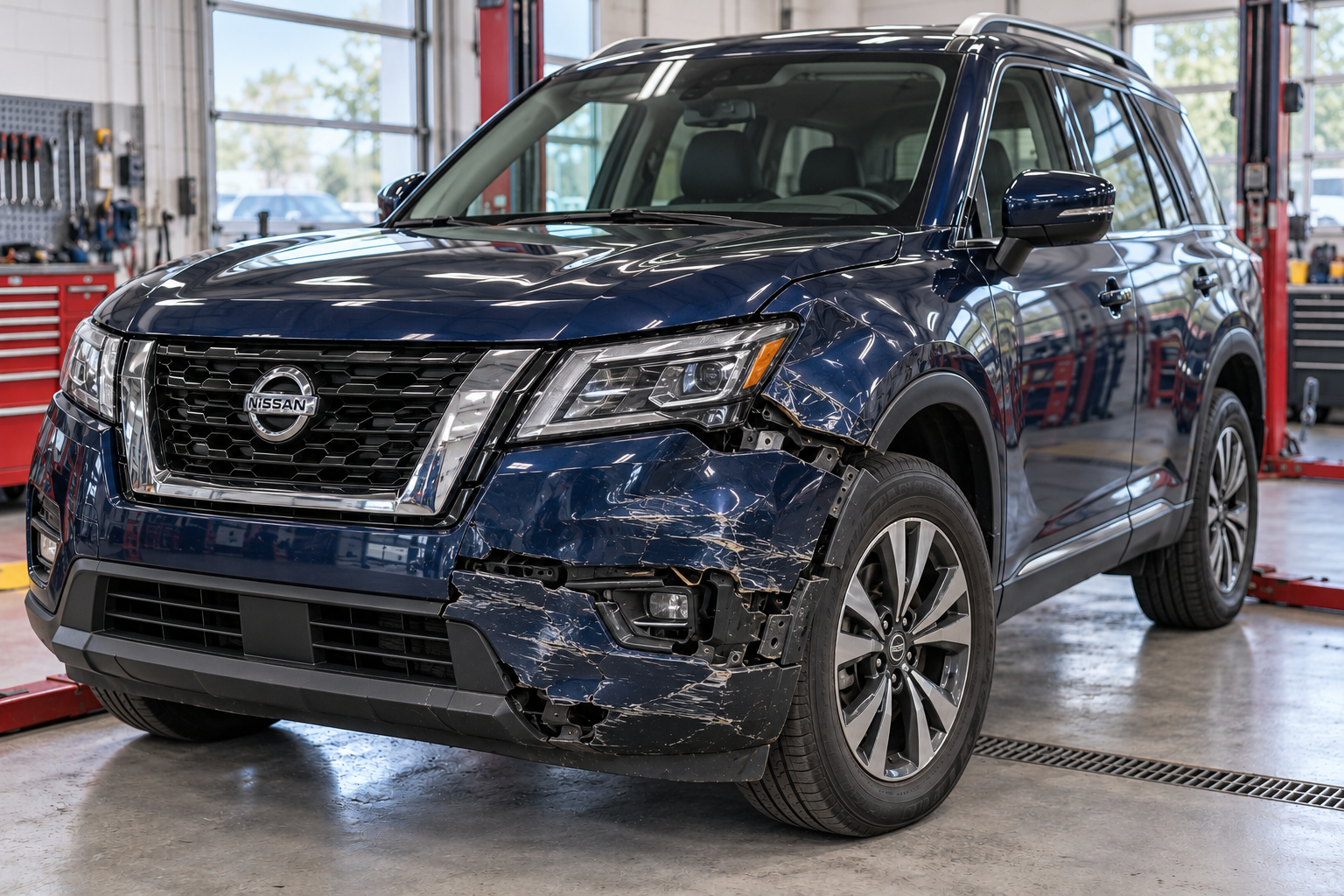 Navy Nissan SUV with damaged front bumper and fender inside a collision workshop
