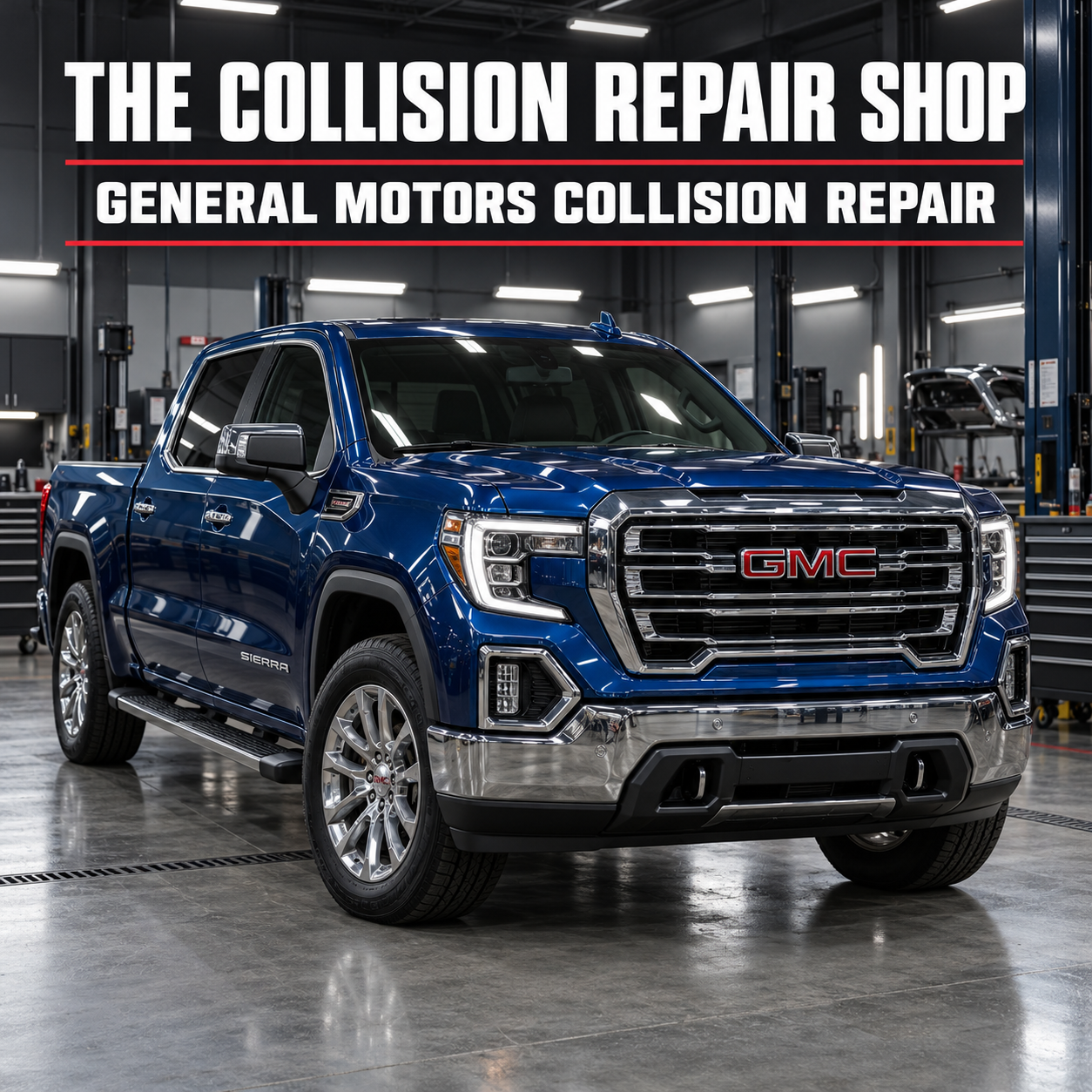 General Motors collision repair promotional image featuring a blue GMC Sierra