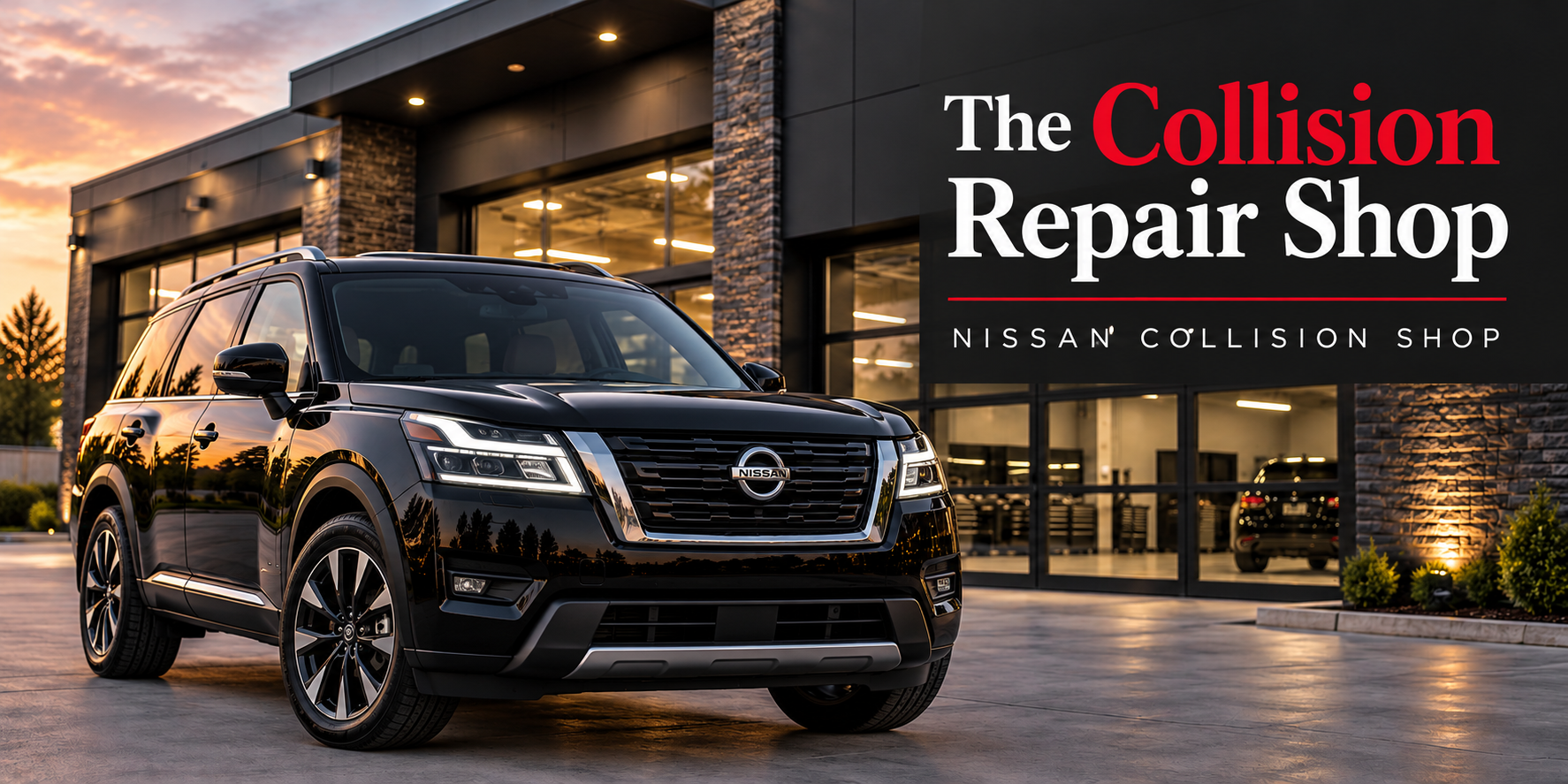Black Nissan SUV outside a modern automotive building with The Collision Repair Shop branding
