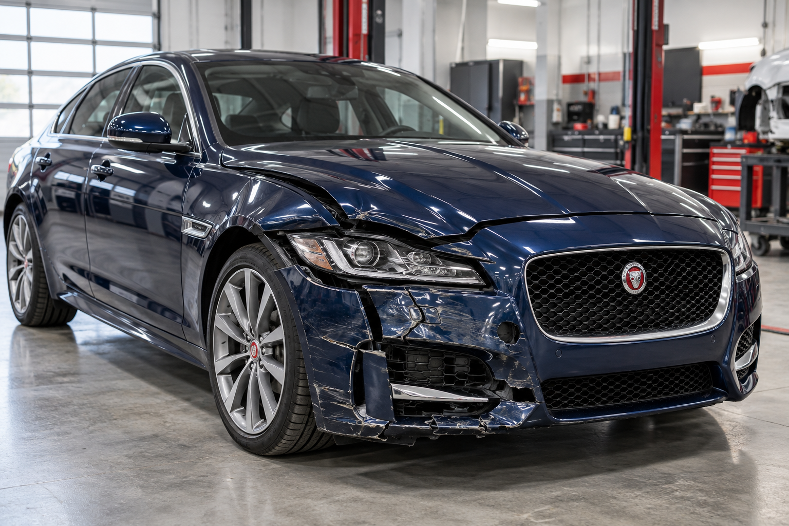 Jaguar XF with front bumper hood and fender collision damage