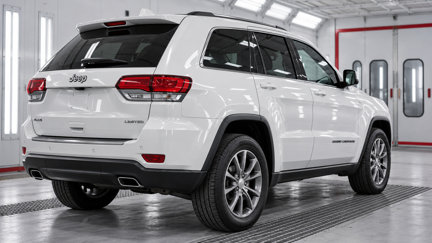 White Jeep Grand Cherokee in an automotive refinishing booth