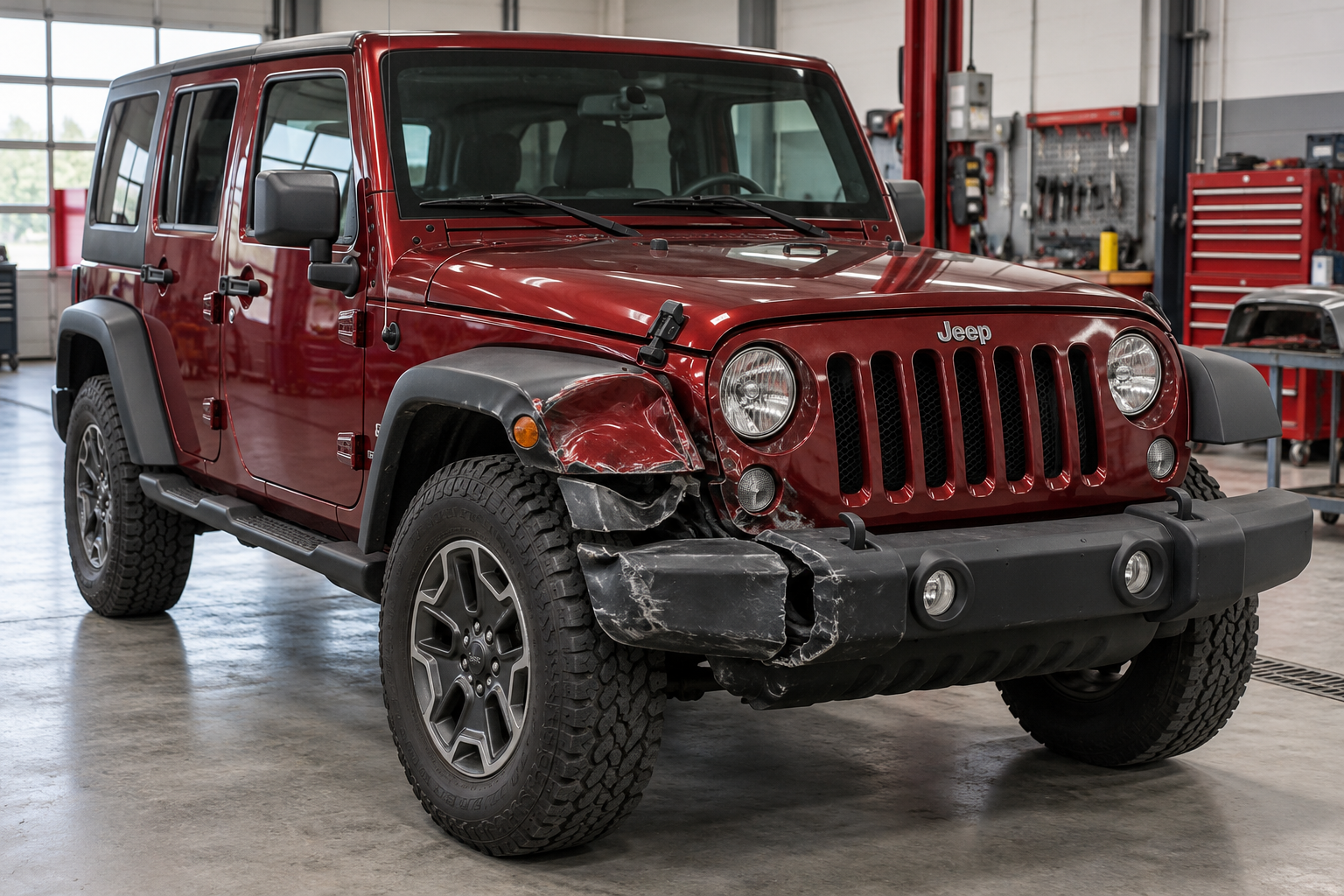 Red Jeep Wrangler with front bumper and fender collision damage