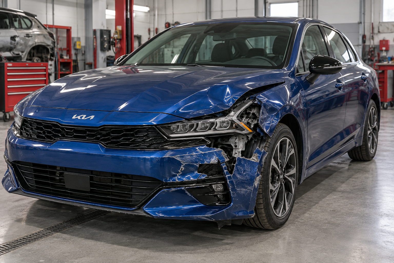Blue Kia K5 with front bumper hood and fender collision damage