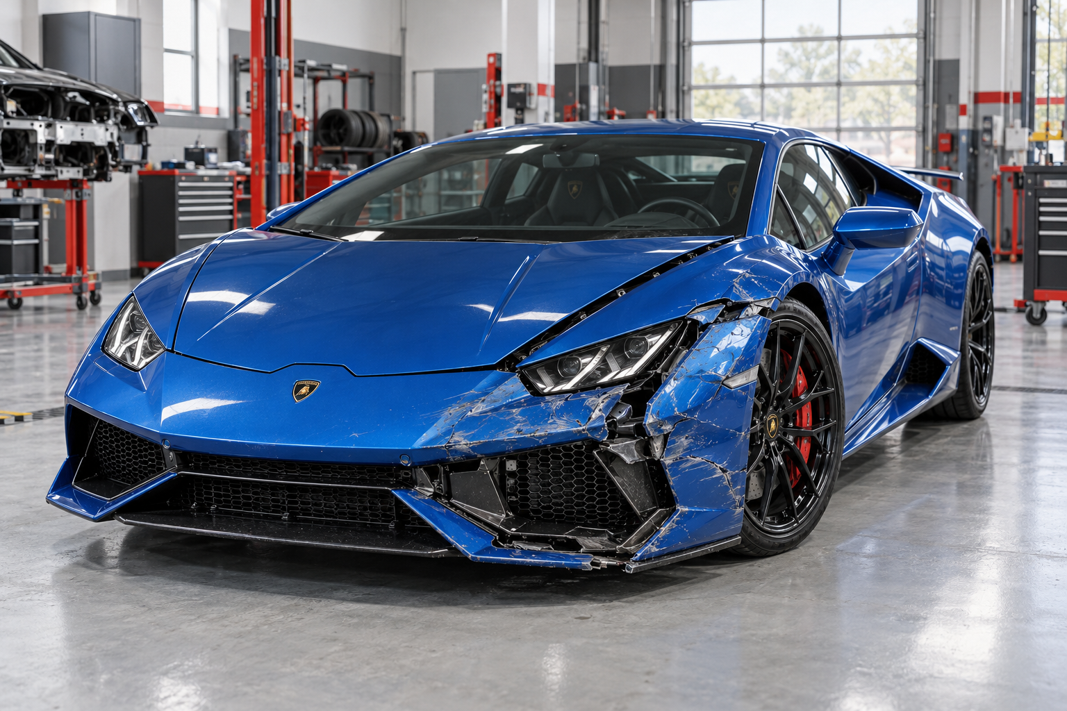 Blue Lamborghini Huracan with front bumper and fender collision damage