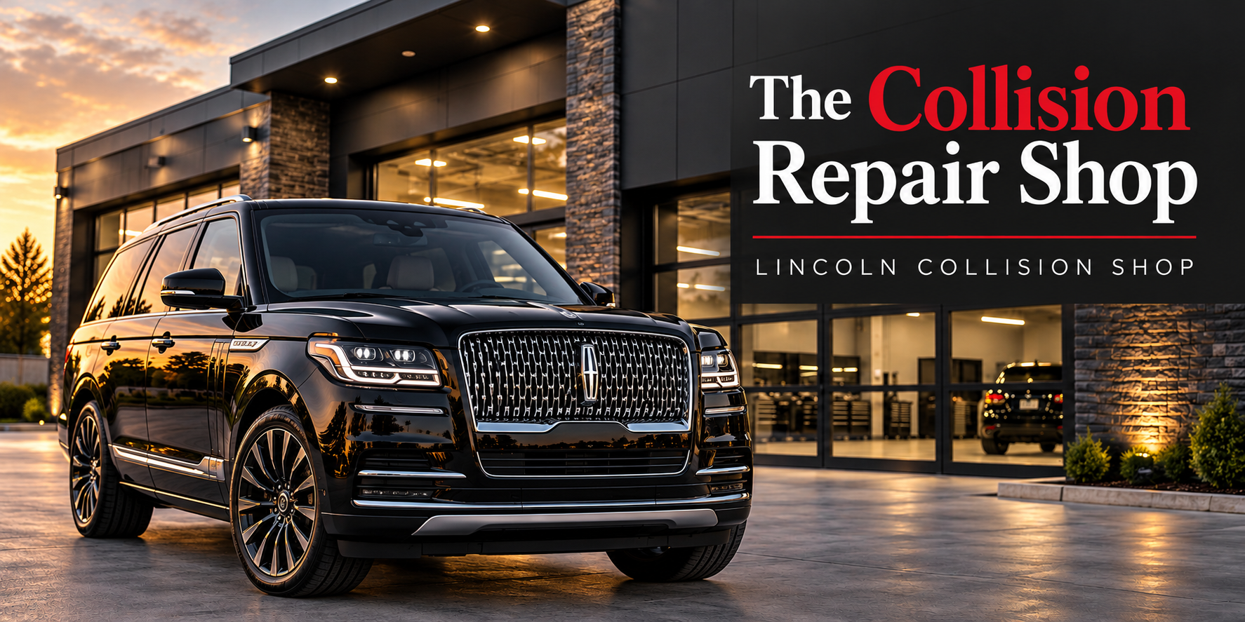 Black Lincoln Navigator outside a modern automotive building with The Collision Repair Shop branding