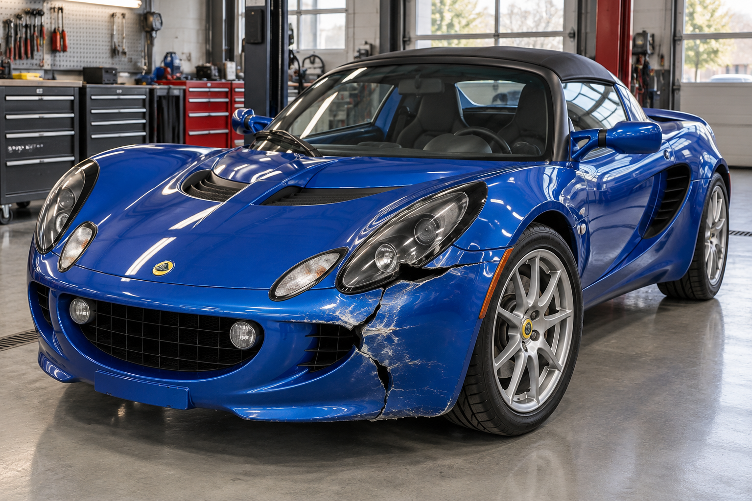 Blue Lotus Elise with front composite bodywork collision damage