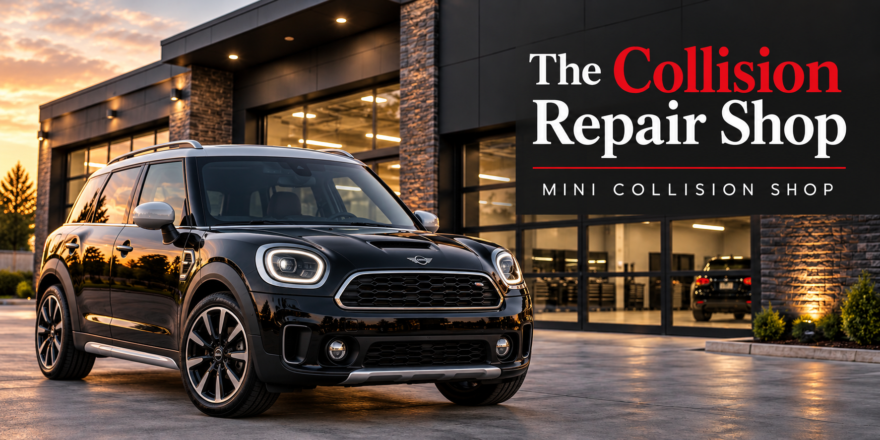 Black MINI Countryman outside a modern automotive building with The Collision Repair Shop branding
