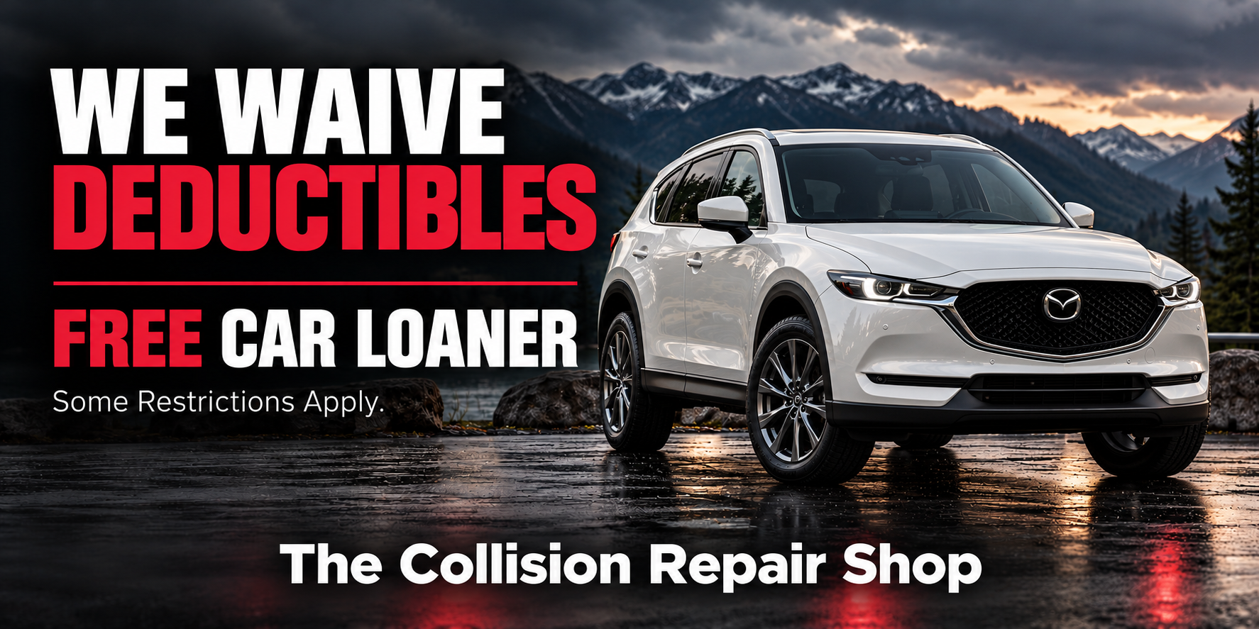 Mazda deductible assistance and free car loaner banner featuring a white SUV; some restrictions apply