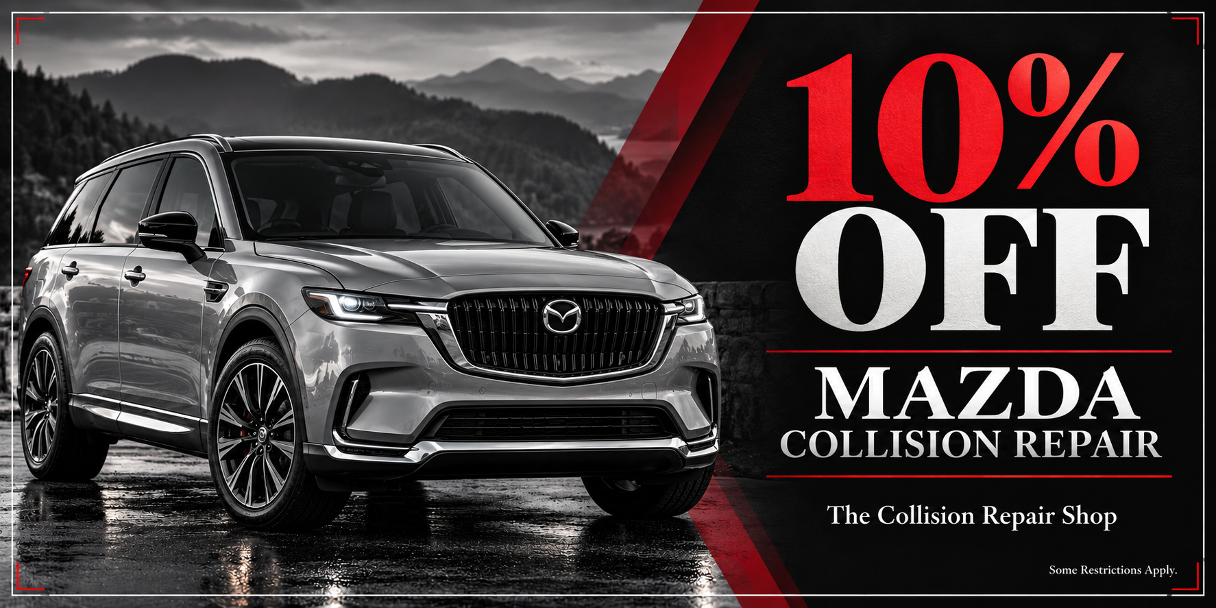 10 percent off Mazda collision repair promotional banner; some restrictions apply
