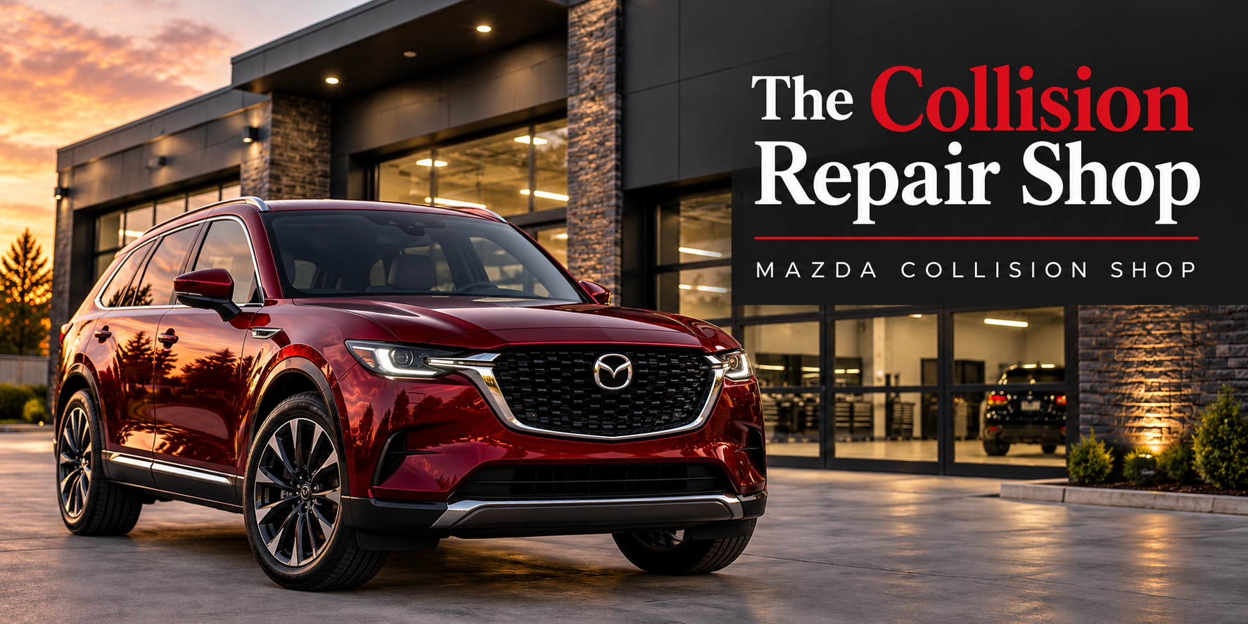 Red Mazda SUV outside a modern automotive building with The Collision Repair Shop branding