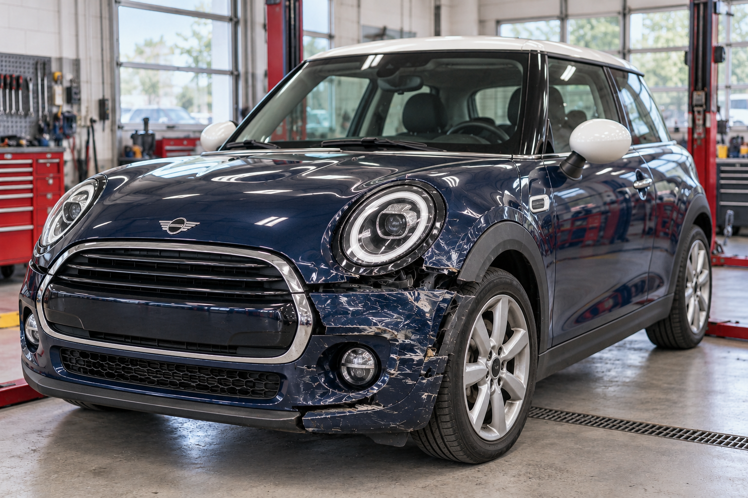 Navy MINI hatchback with front bumper and fender collision damage inside a repair workshop