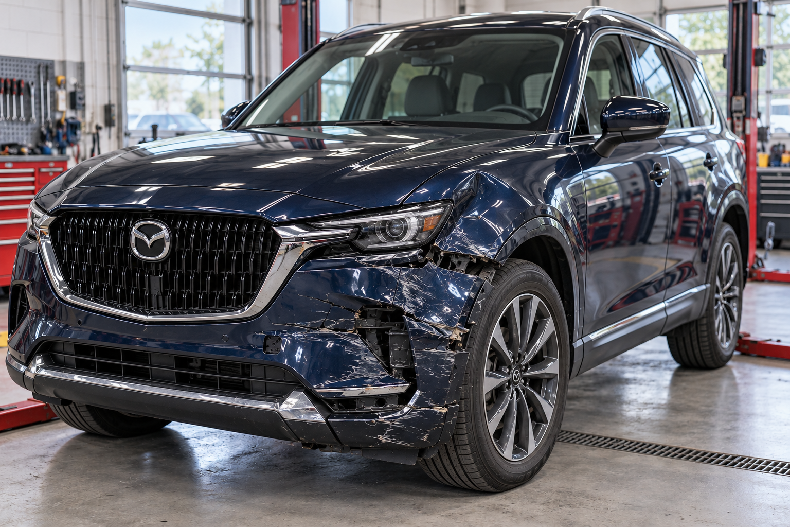Navy Mazda SUV with front bumper and fender collision damage inside a repair workshop