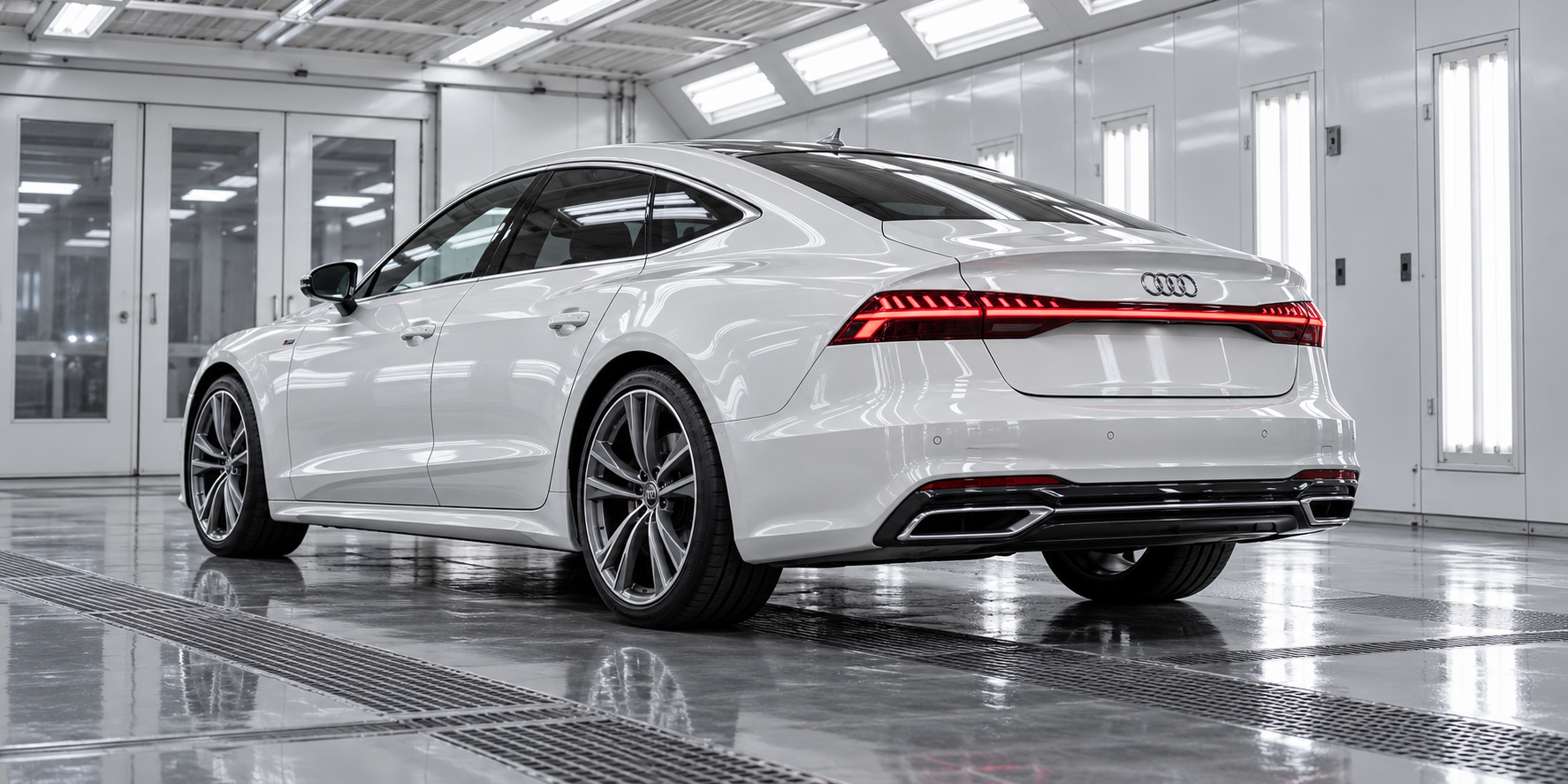 Pearl white Audi A7 in an automotive paint finishing bay