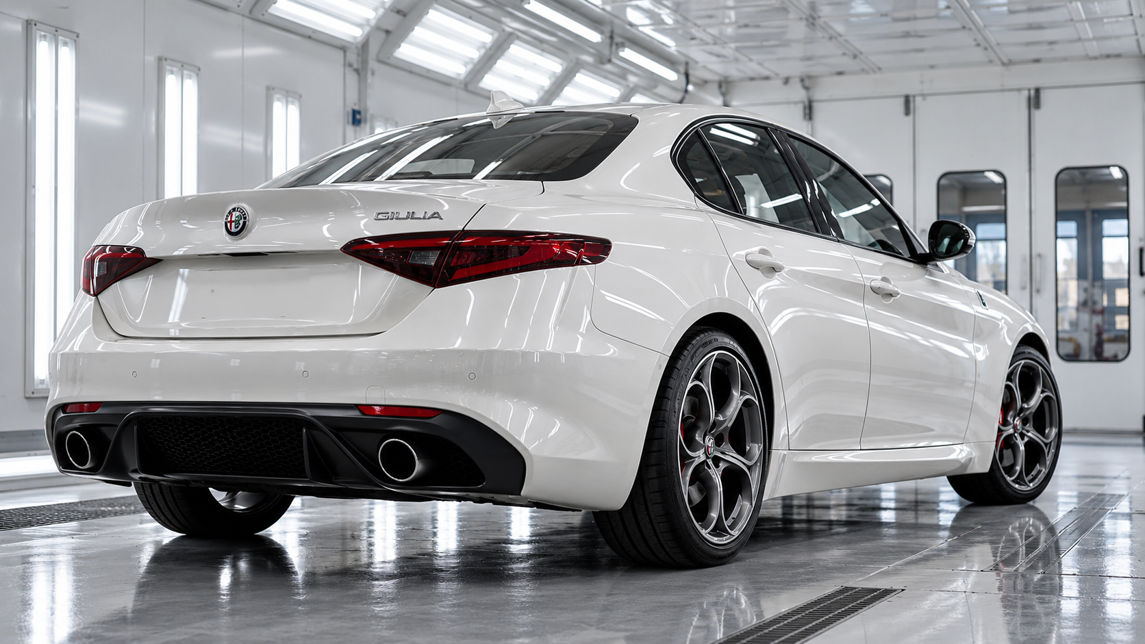 Pearl white Alfa Romeo Giulia in a paint finishing bay
