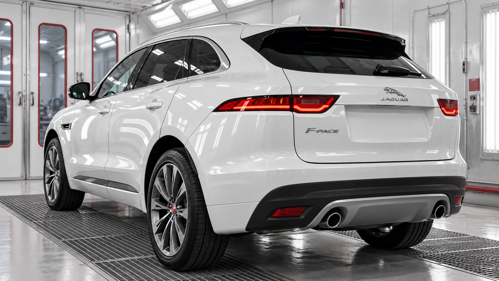 Pearl white Jaguar F-PACE in an automotive refinishing booth