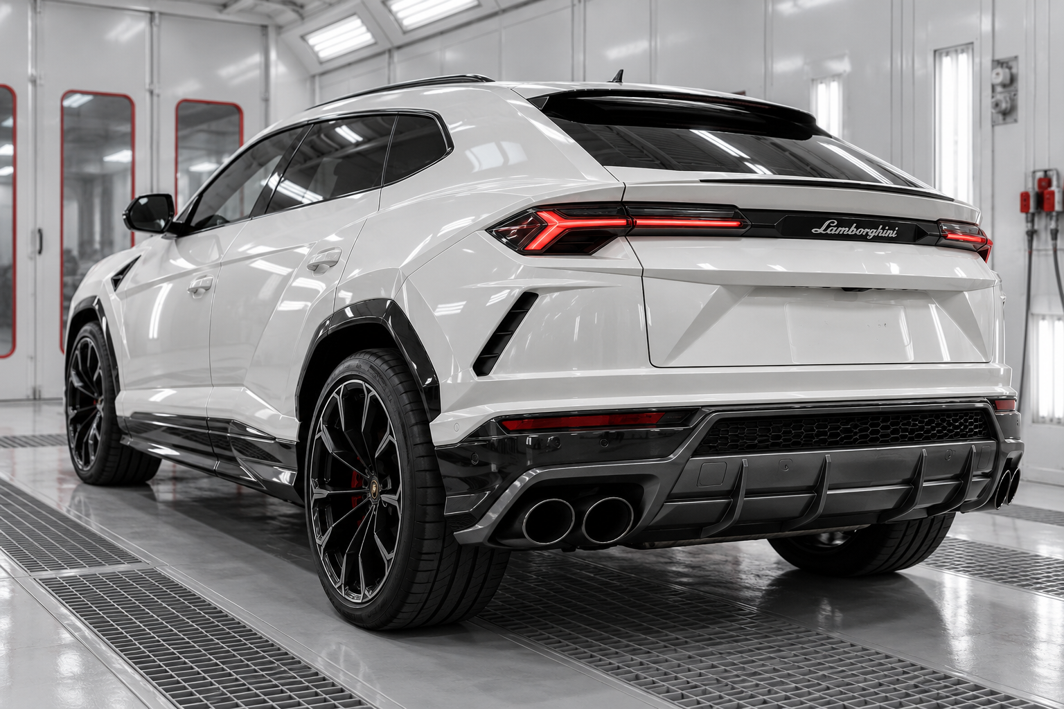Pearl white Lamborghini Urus in an automotive refinishing booth