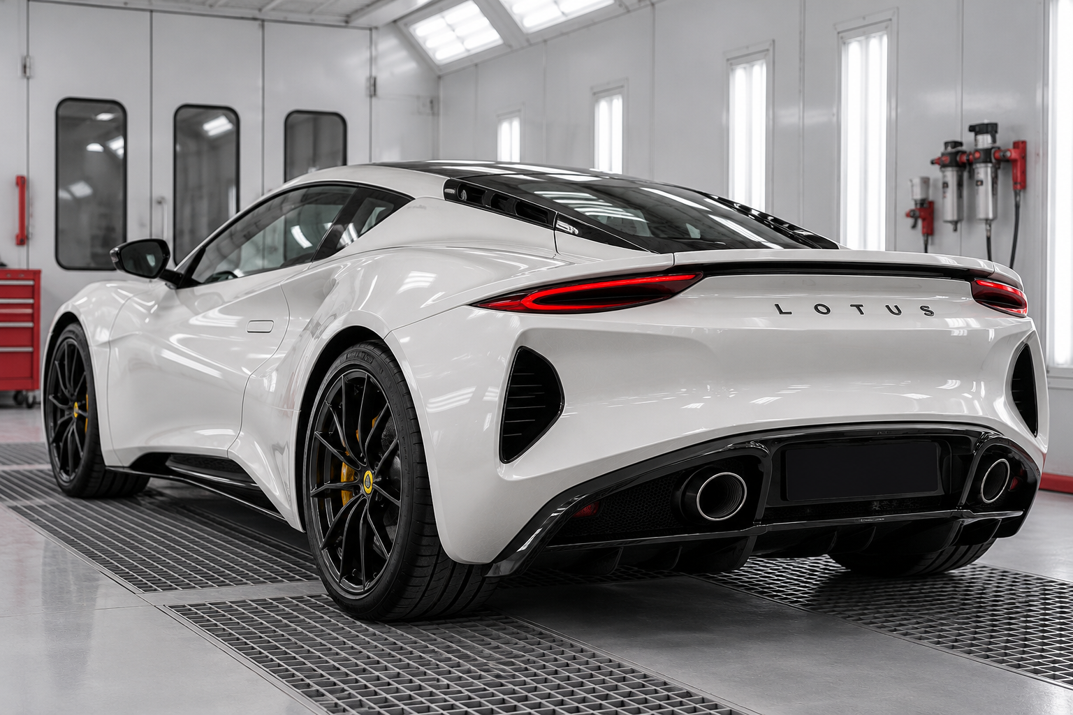 Pearl white Lotus Emira in an automotive refinishing booth