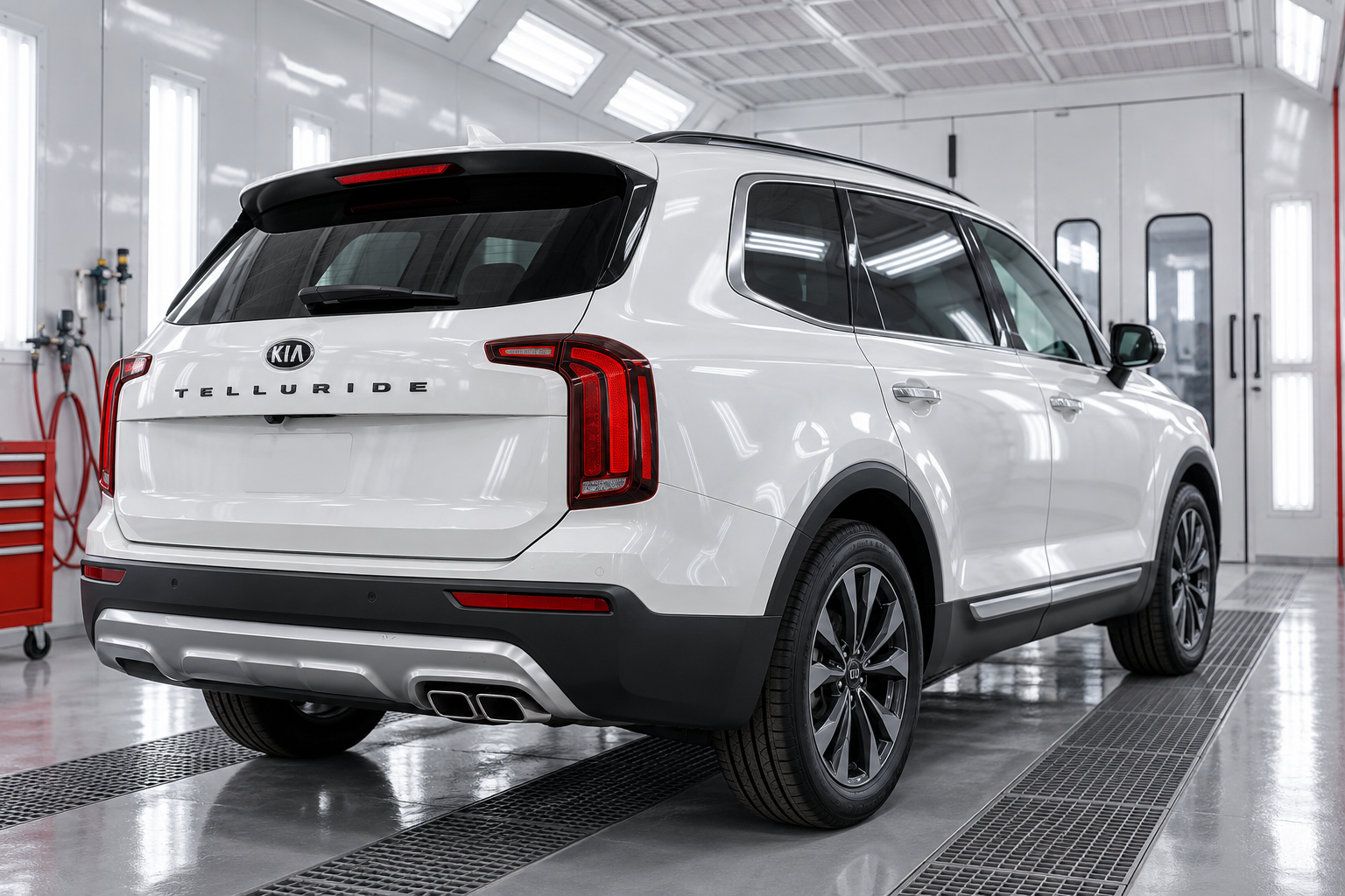 Pearl white Kia Telluride in an automotive refinishing booth