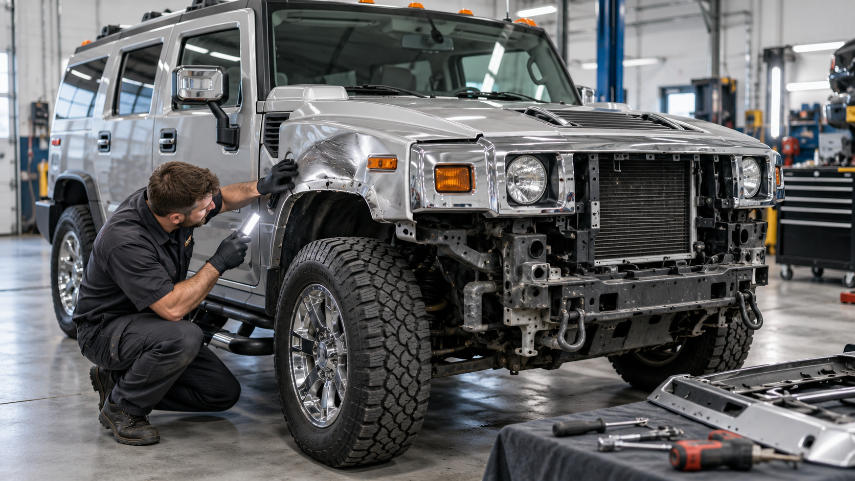 Illustrative Hummer H2 front-end inspection showing a damaged fender and removed bumper