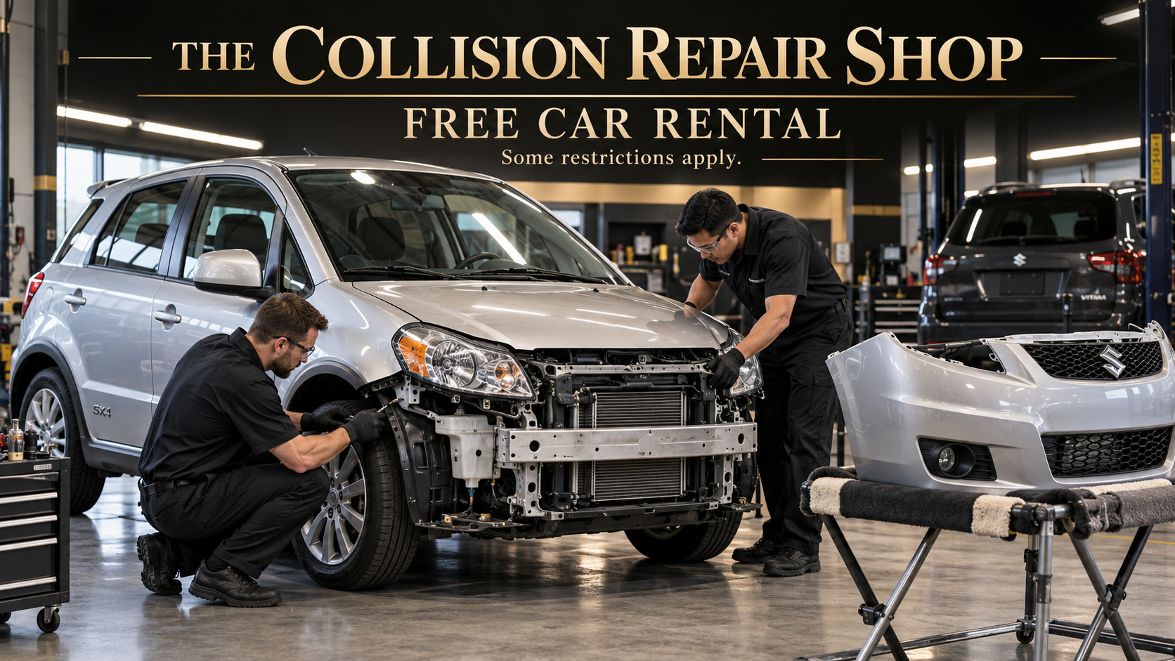 Silver Suzuki SX4 collision repair and transportation promotion