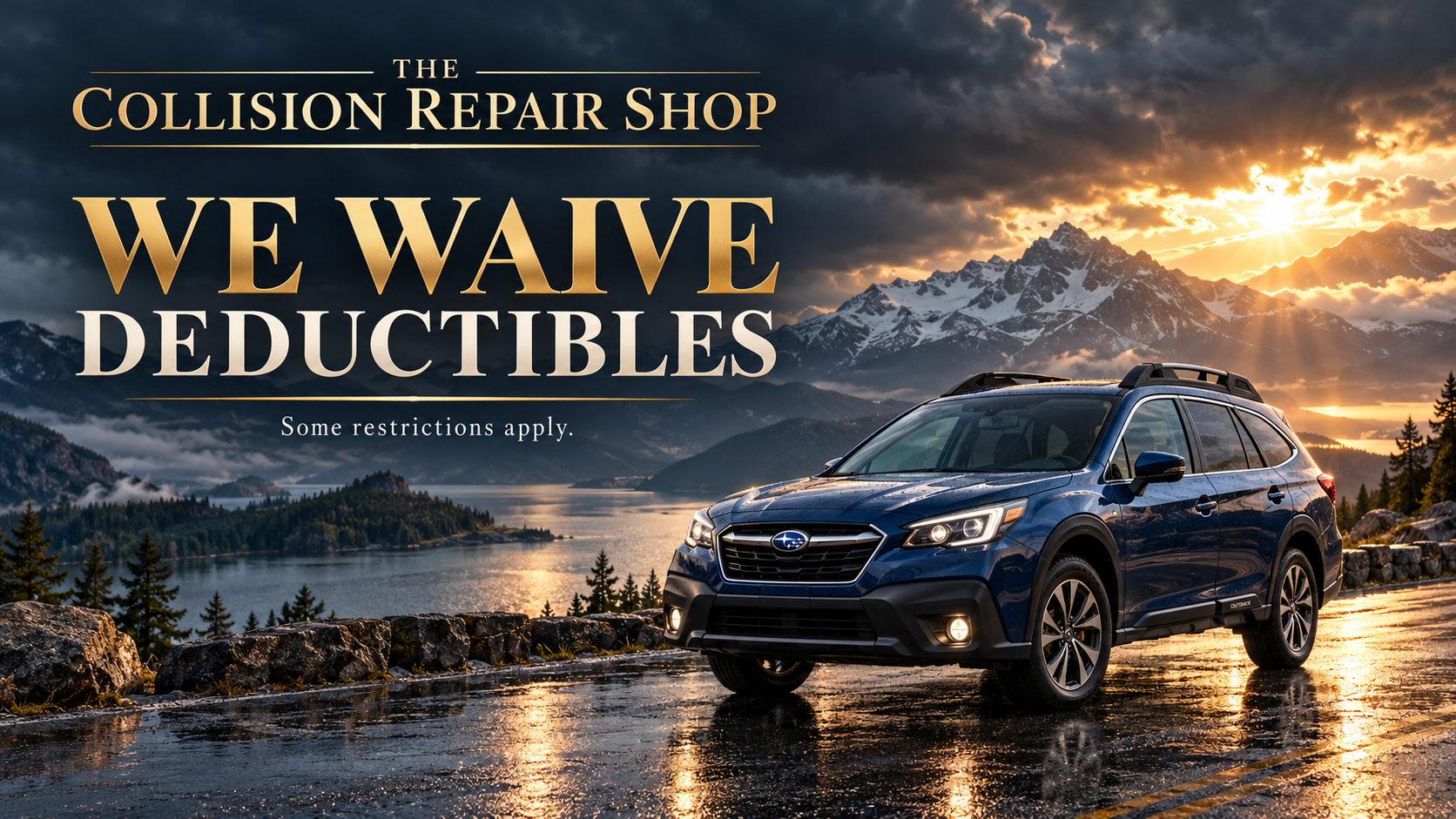 Subaru Outback beside a stormy lake